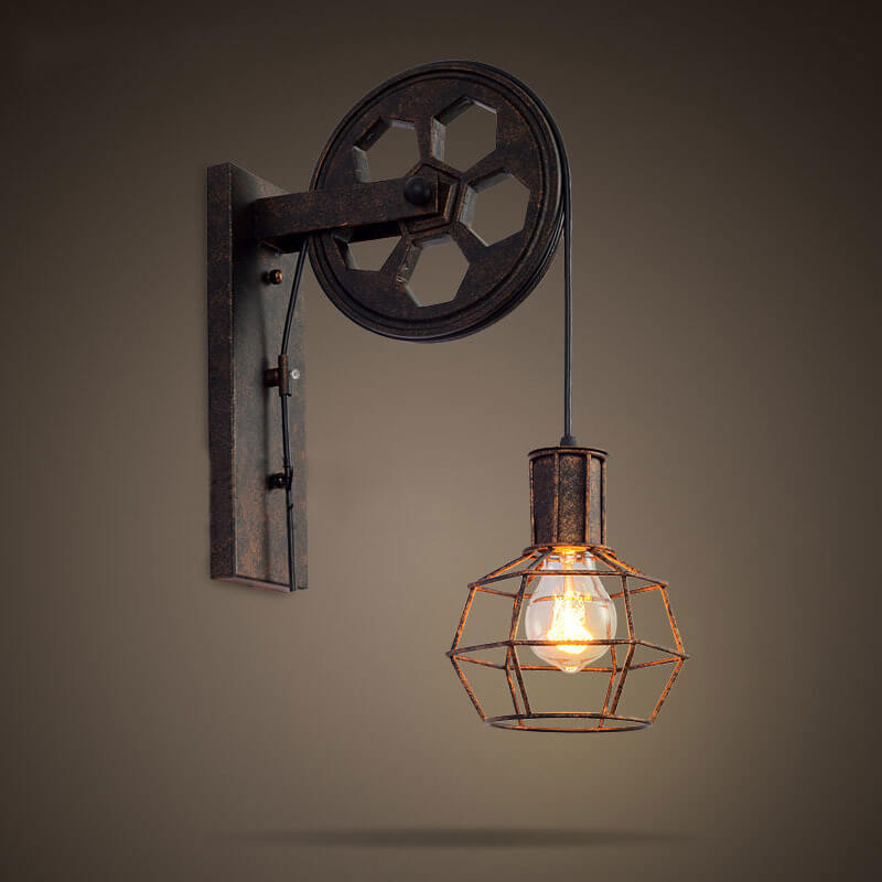 Vintage Industrial Pulley Iron 1-Light Wall Sconce Lamp 8