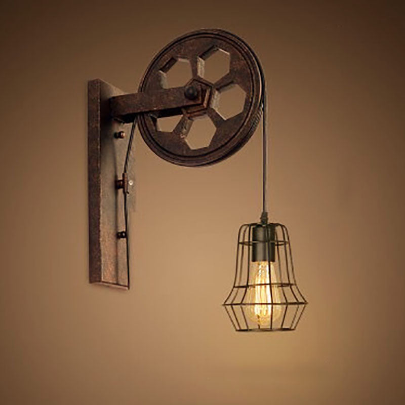 Vintage Industrial Pulley Iron 1-Light Wall Sconce Lamp 12