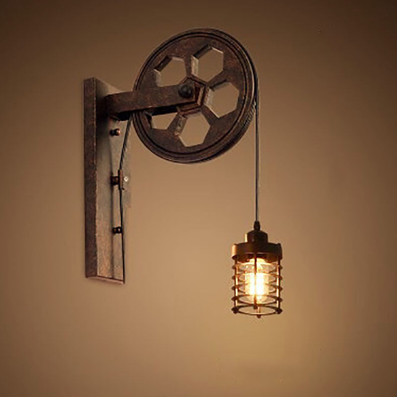 Vintage Industrial Pulley Iron 1-Light Wall Sconce Lamp 14