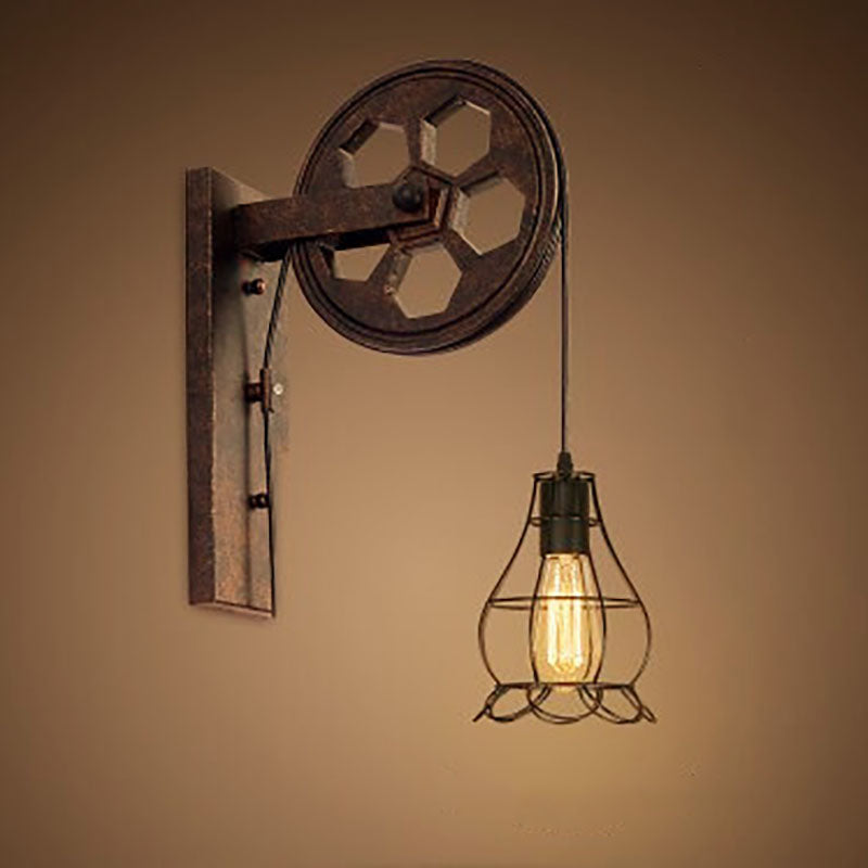 Vintage Industrial Pulley Iron 1-Light Wall Sconce Lamp 16