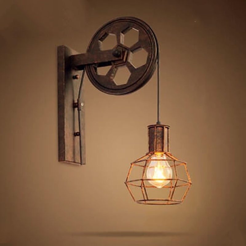 Vintage Industrial Pulley Iron 1-Light Wall Sconce Lamp 0
