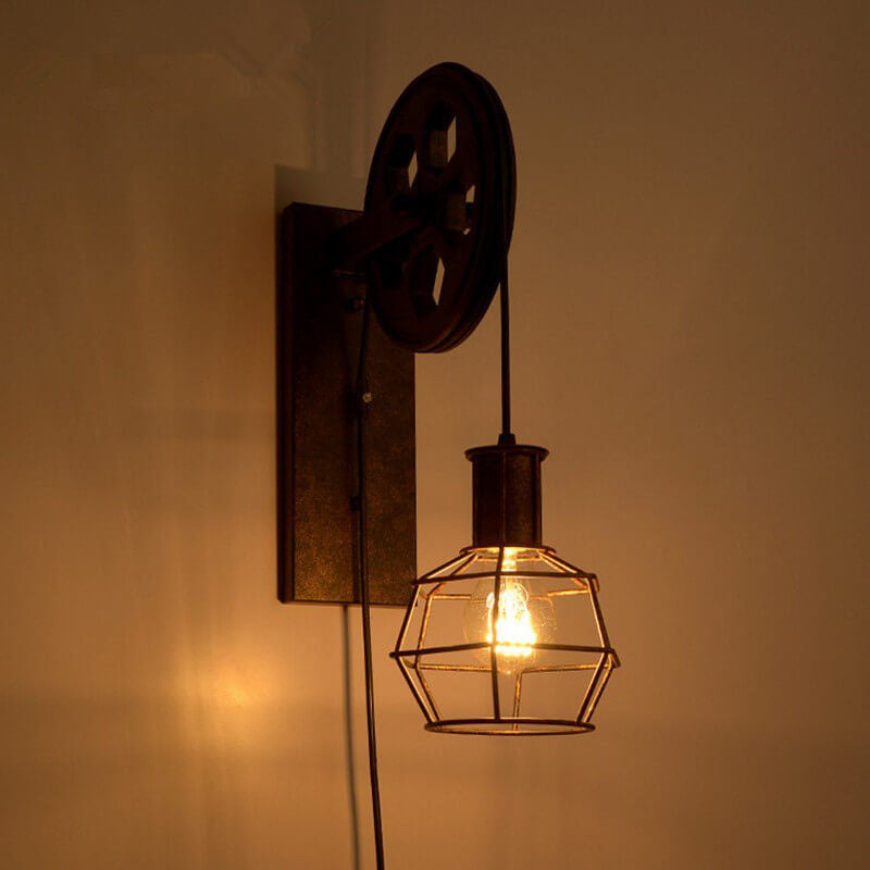 Vintage Industrial Pulley Iron 1-Light Wall Sconce Lamp 2