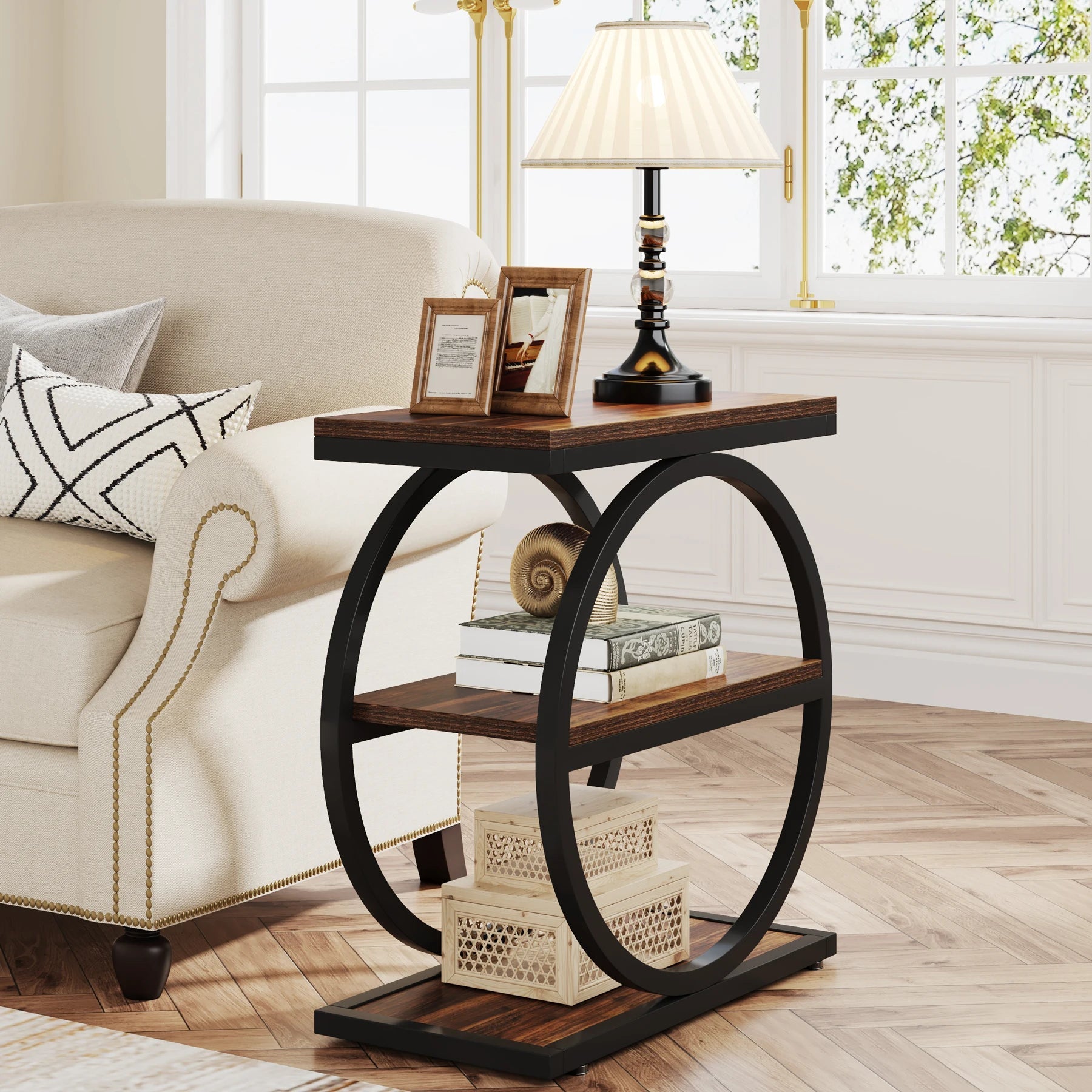 Isyvelra - Industrial Narrow Wooden Side Table with 3 Storage Shelves 2