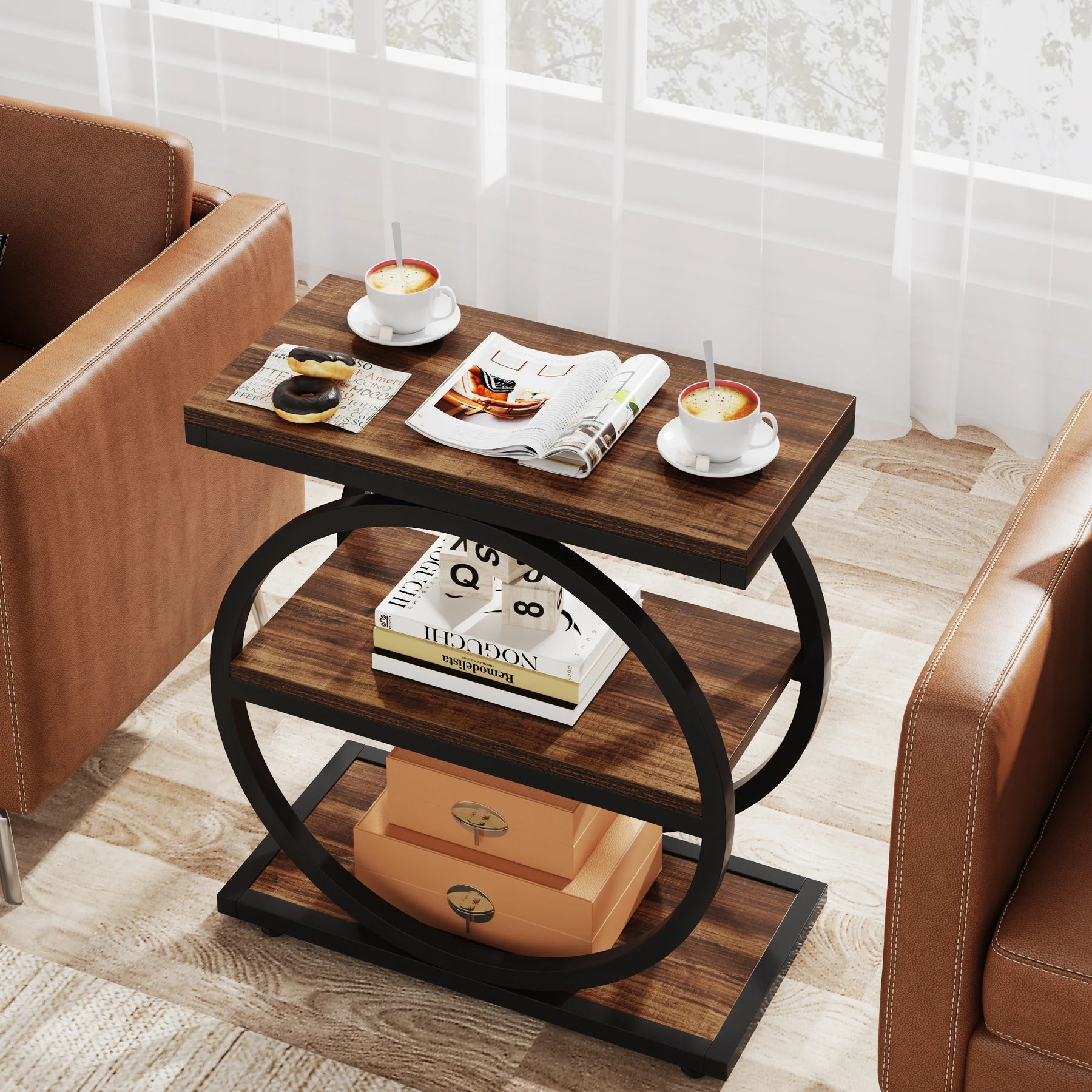 Isyvelra - Industrial Narrow Wooden Side Table with 3 Storage Shelves 3