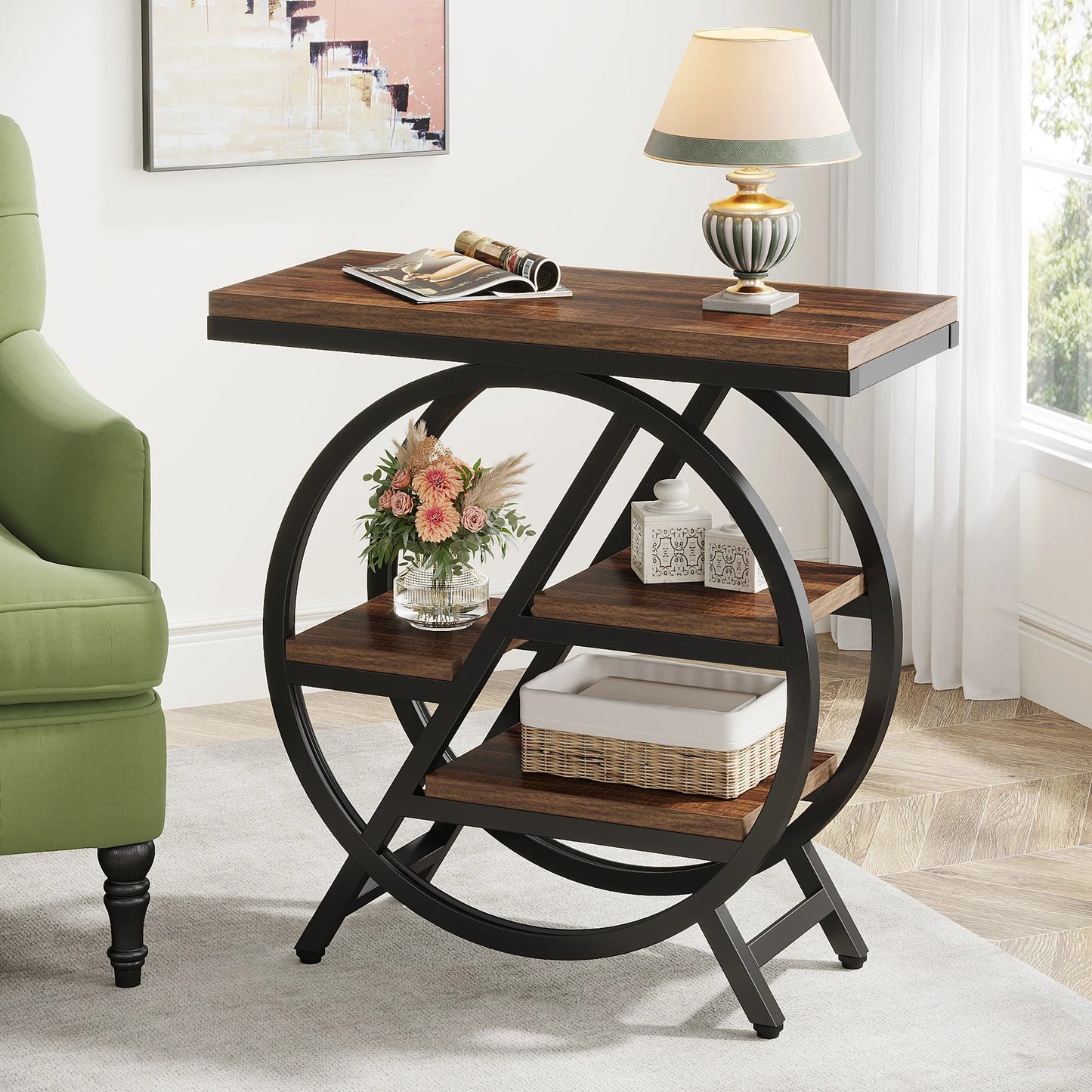 Isyvelra - Industrial Narrow Wooden Side Table with 3 Storage Shelves 8