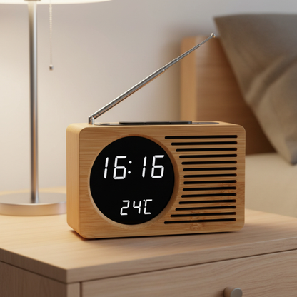 Elara Haus Stylish Nordic-Style Wooden Bedside Clock with FM Radio Tuner