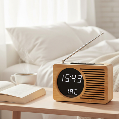 Elara Haus Stylish Nordic-Style Wooden Bedside Clock with FM Radio Tuner