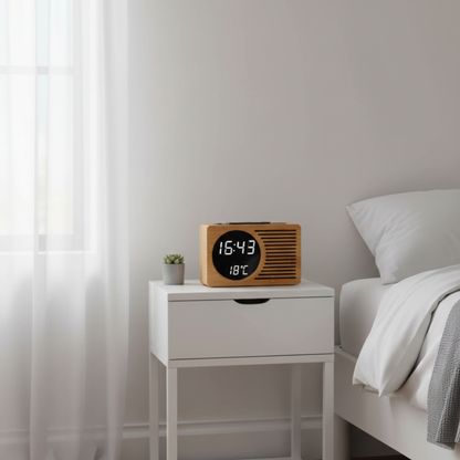 Elara Haus Stylish Nordic-Style Wooden Bedside Clock with FM Radio Tuner