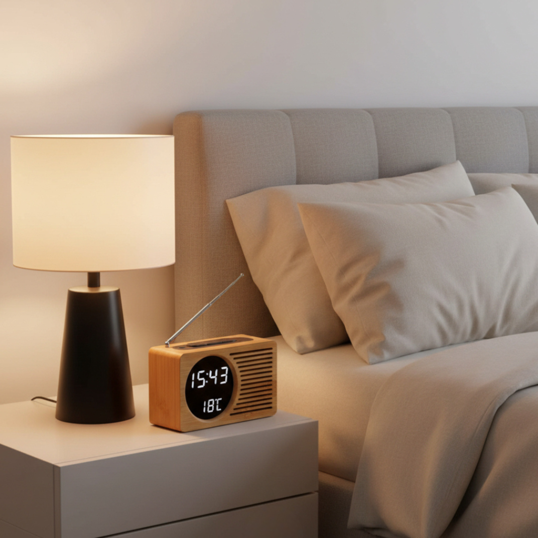 Elara Haus Stylish Nordic-Style Wooden Bedside Clock with FM Radio Tuner