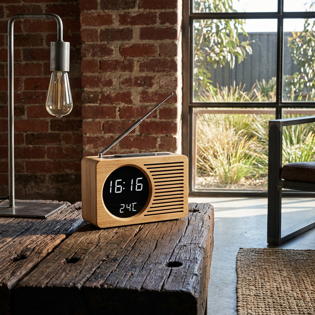 Elara Haus Stylish Nordic-Style Wooden Bedside Clock with FM Radio Tuner
