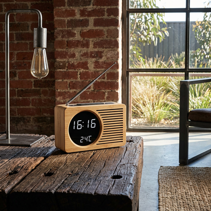 Elara Haus Stylish Nordic-Style Wooden Bedside Clock with FM Radio Tuner