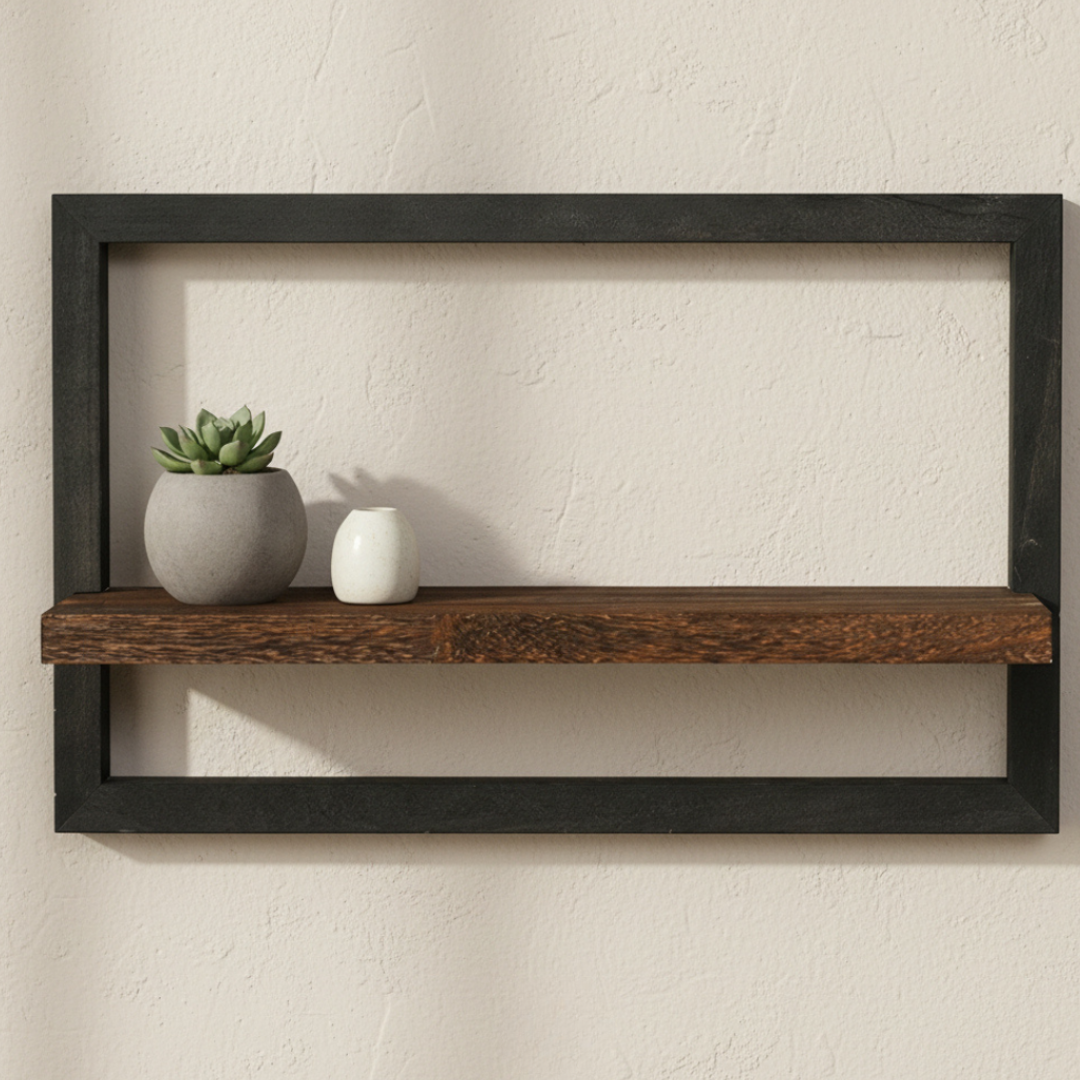 Elara Haus Stylish Rustic Wood & Metal Floating Shelf - Minimalist Interior Art