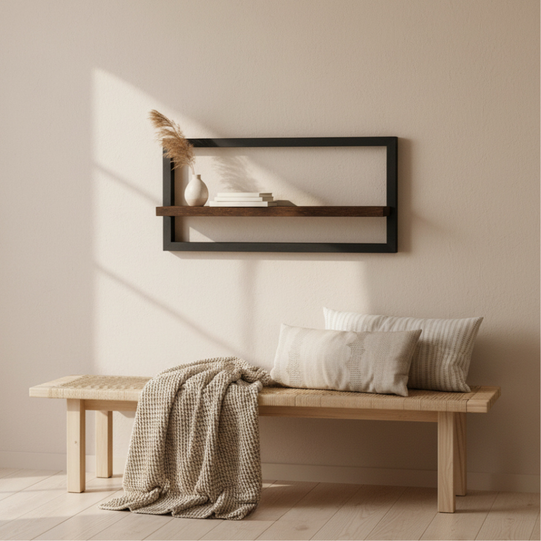Elara Haus Stylish Rustic Wood & Metal Floating Shelf - Minimalist Interior Art
