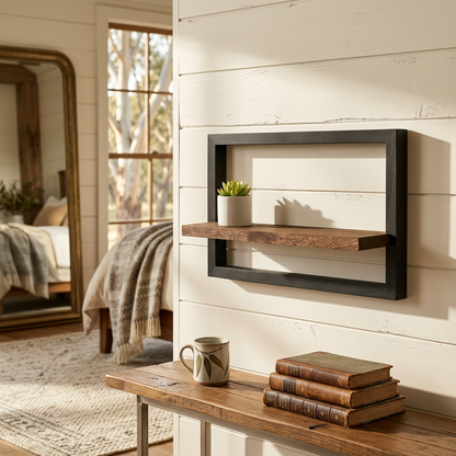 Elara Haus Stylish Rustic Wood & Metal Floating Shelf - Minimalist Interior Art