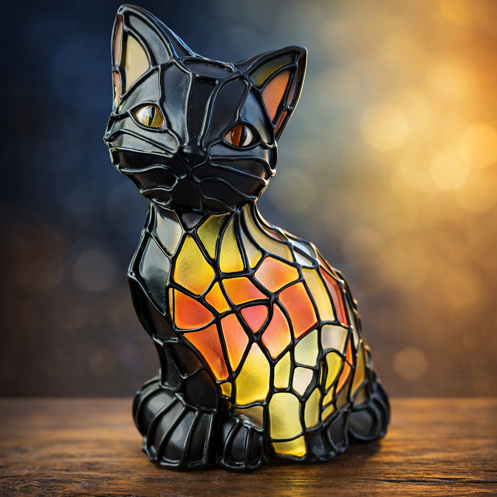 Elara Haus Table Lamp - Stained Resin Black Cat Bedside Lamps 0