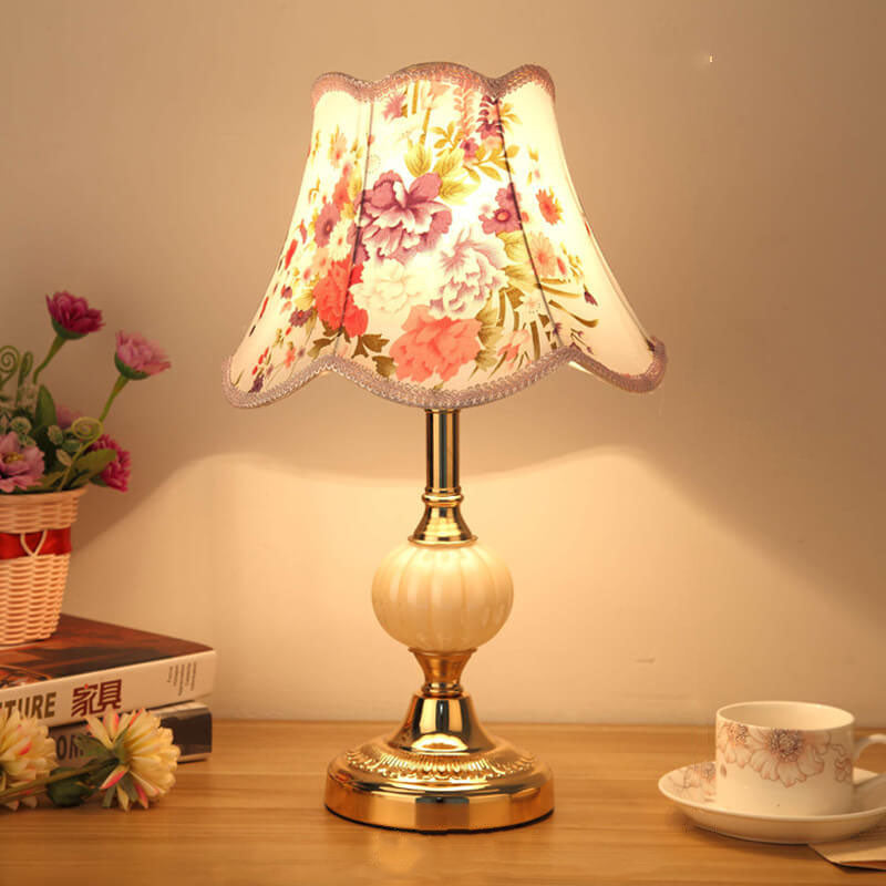 Nordic Vintage Floral Glass Fabric 1-Light Table Lamp 11