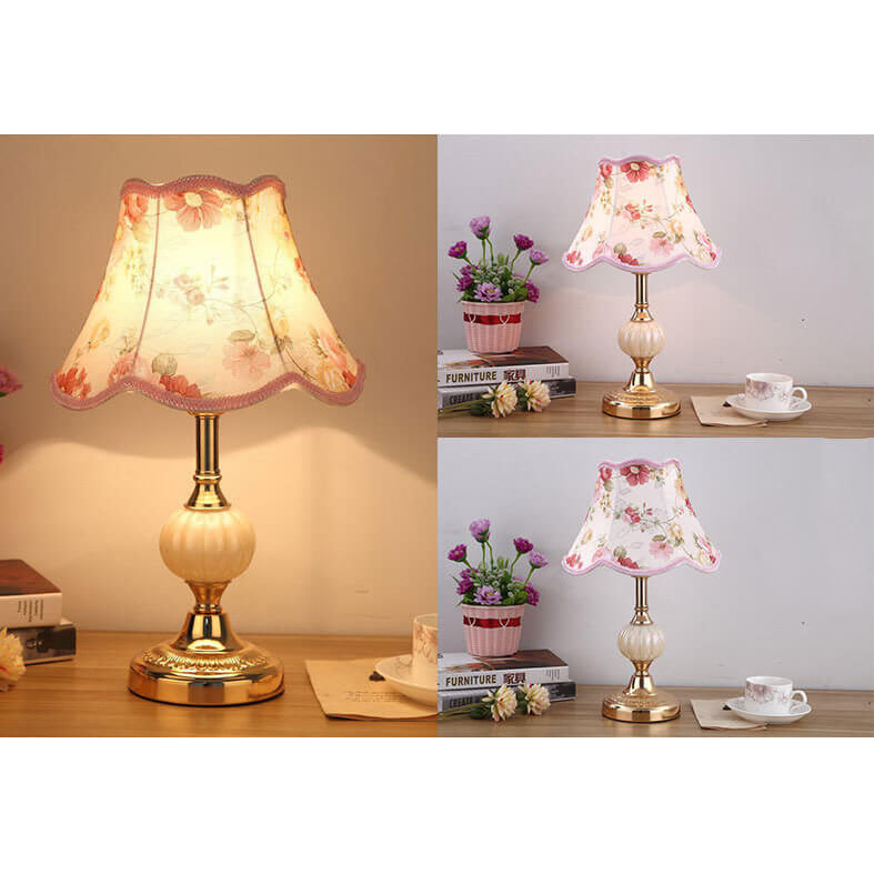 Nordic Vintage Floral Glass Fabric 1-Light Table Lamp 5