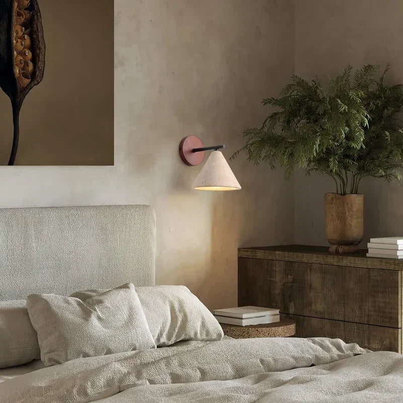 Modern wall sconce – a wall lamp with a wooden base and a conical shade 1