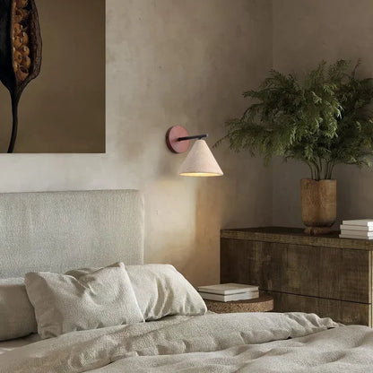 Modern wall sconce – a wall lamp with a wooden base and a conical shade 1