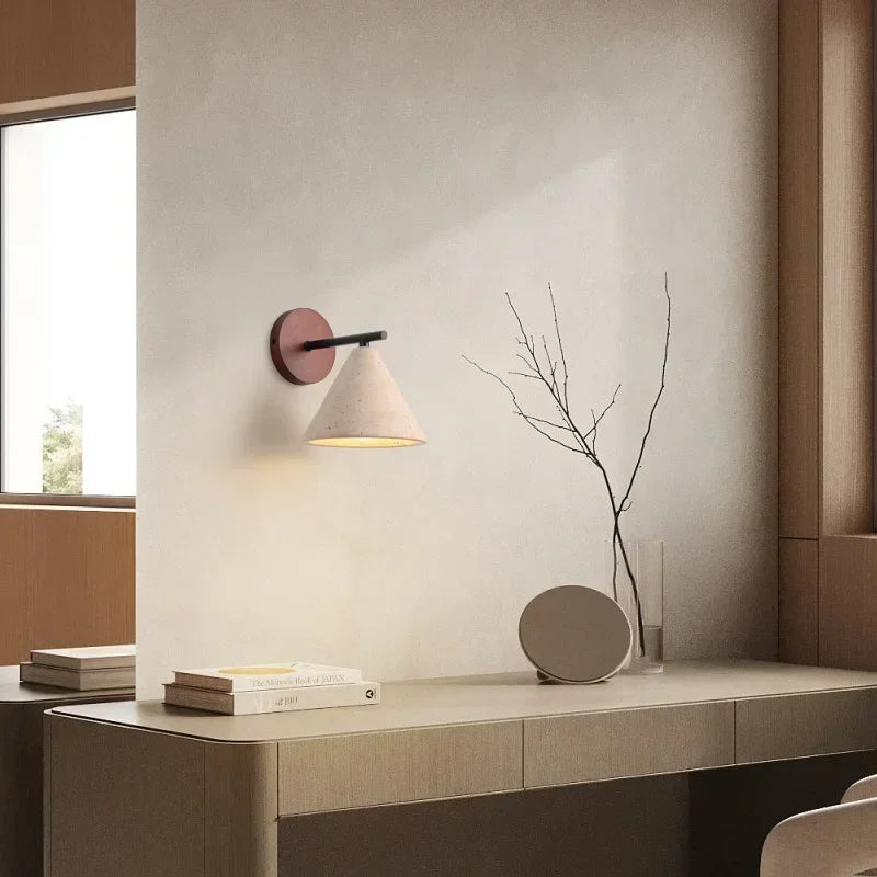 Modern wall sconce – a wall lamp with a wooden base and a conical shade 2