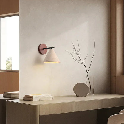 Modern wall sconce – a wall lamp with a wooden base and a conical shade 2