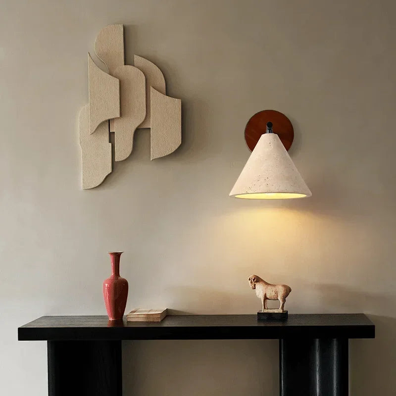 Modern wall sconce – a wall lamp with a wooden base and a conical shade 4