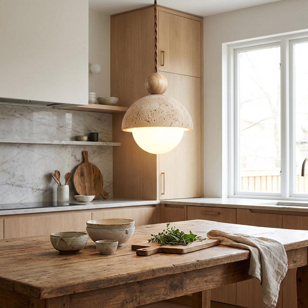 Elara Haus Travertine Stone Pendant - Natural Wood & Glass Fixture