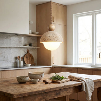 Elara Haus Travertine Stone Pendant - Natural Wood & Glass Fixture