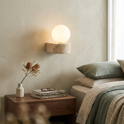 Elara Haus Travertine Stone Wall Sconce with Frosted Glass Orb