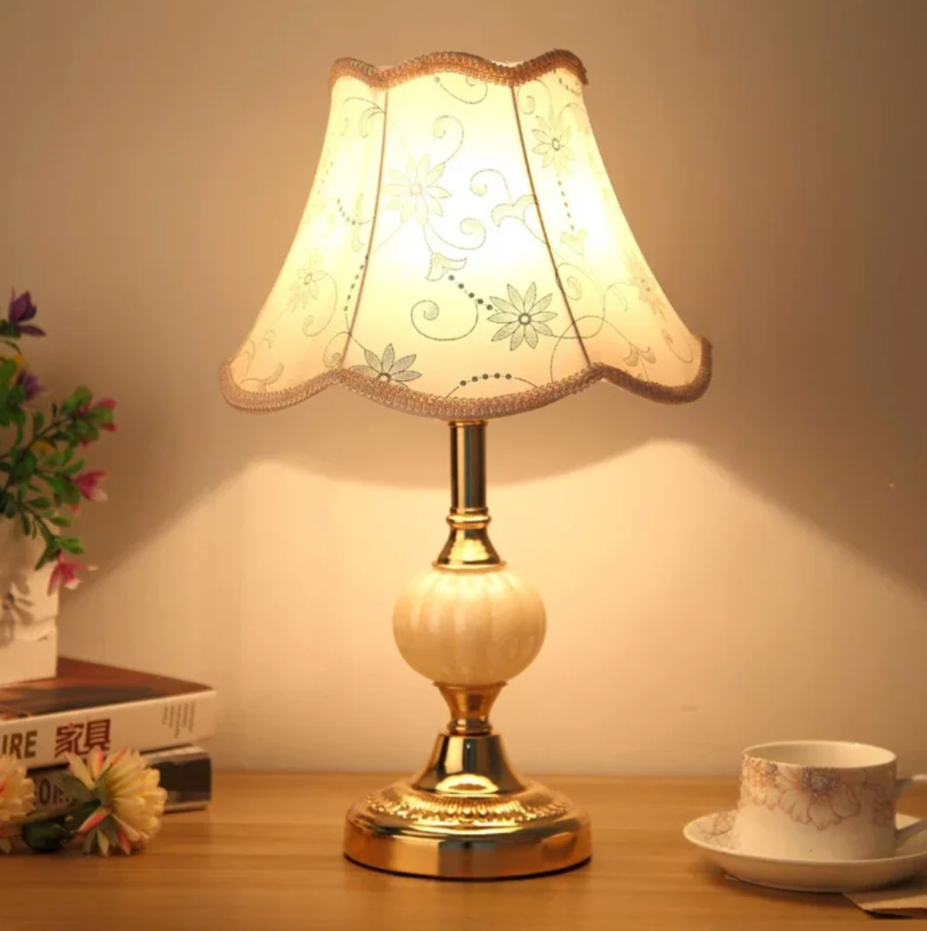 A classic table lamp with a decorative lampshade – an elegant bedside lamp in a retro style. 1