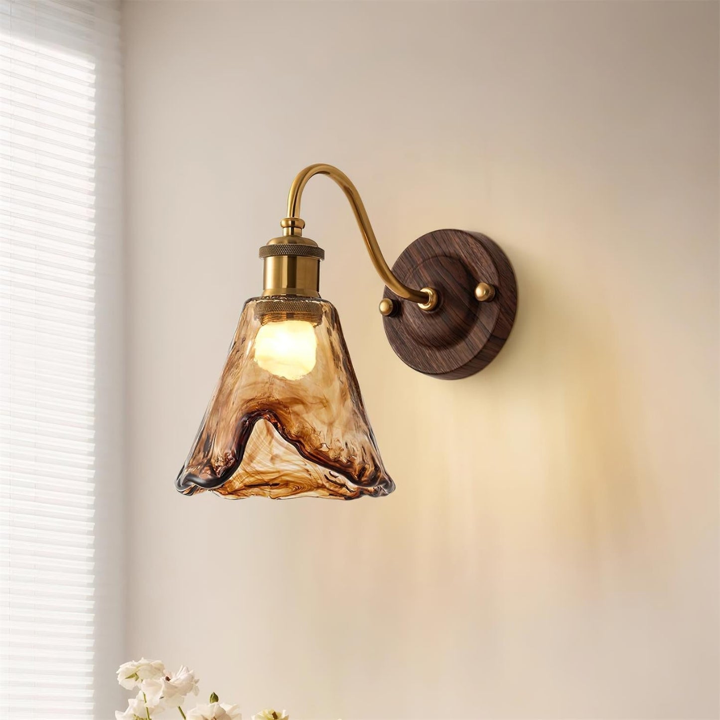 Wall Lamp Amber Glass Shade Walnut Gold Vintage Modern Sconce 8