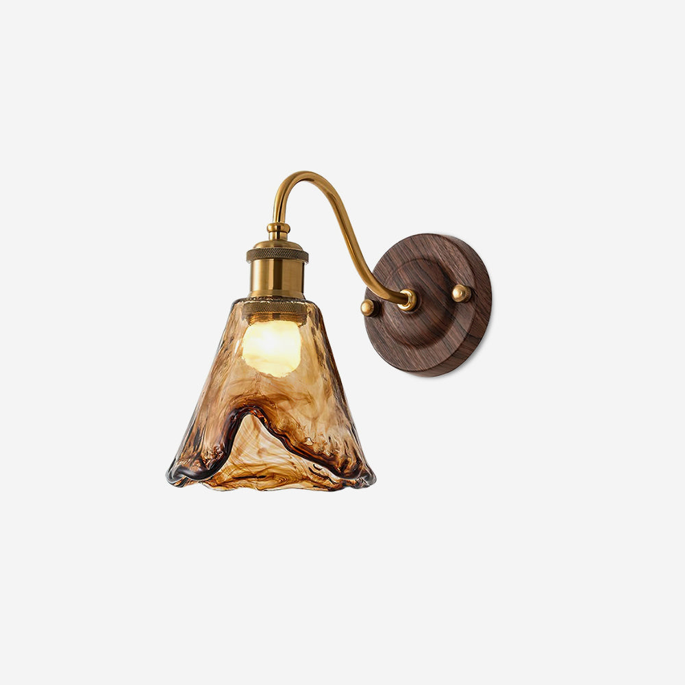 Wall Lamp Amber Glass Shade Walnut Gold Vintage Modern Sconce 1