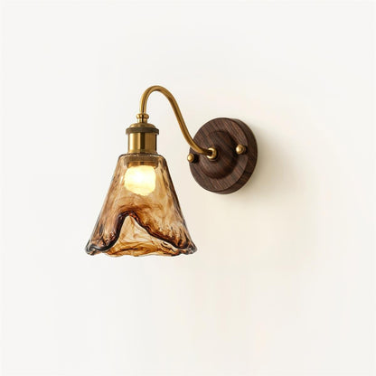 Wall Lamp Amber Glass Shade Walnut Gold Vintage Modern Sconce 2