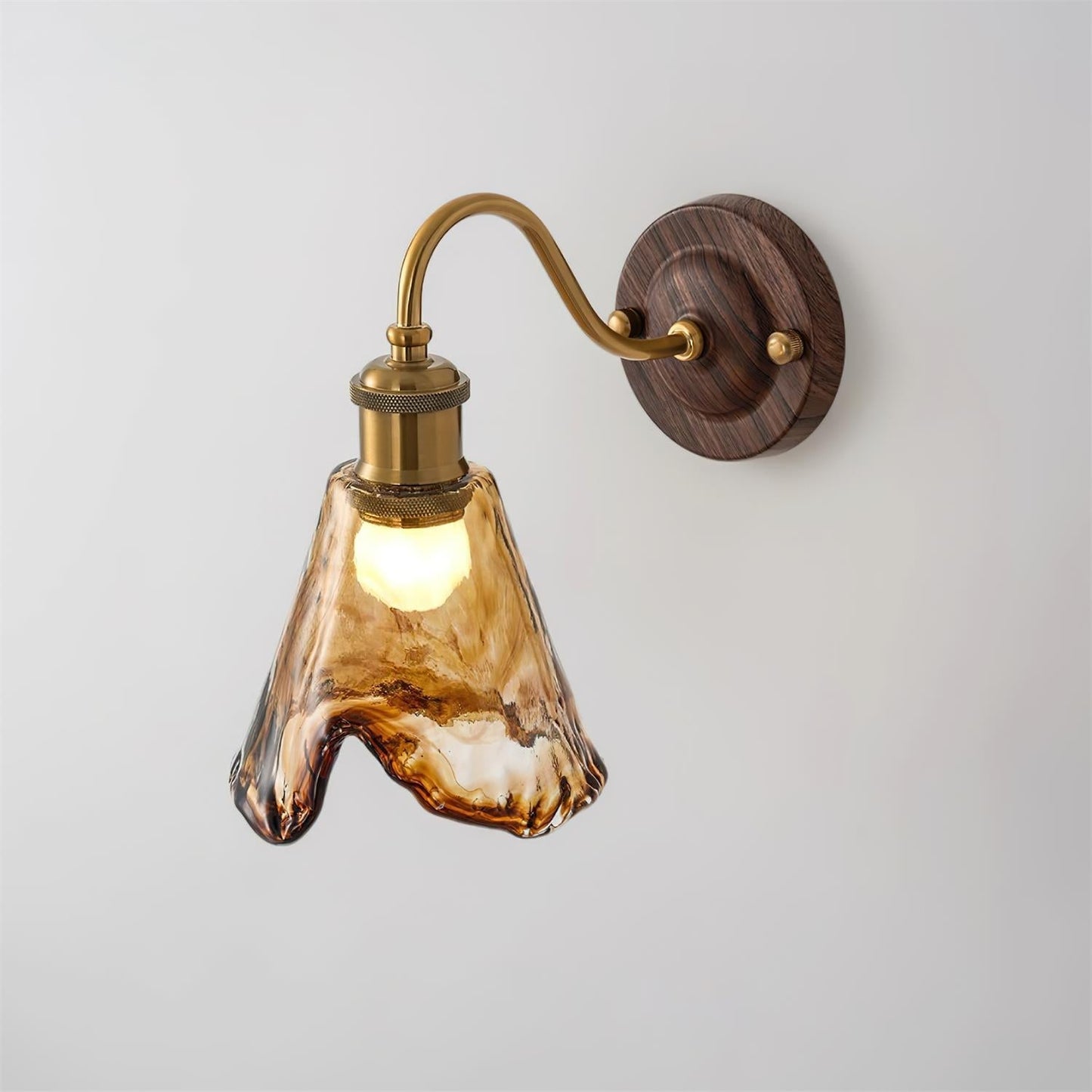 Wall Lamp Amber Glass Shade Walnut Gold Vintage Modern Sconce 3