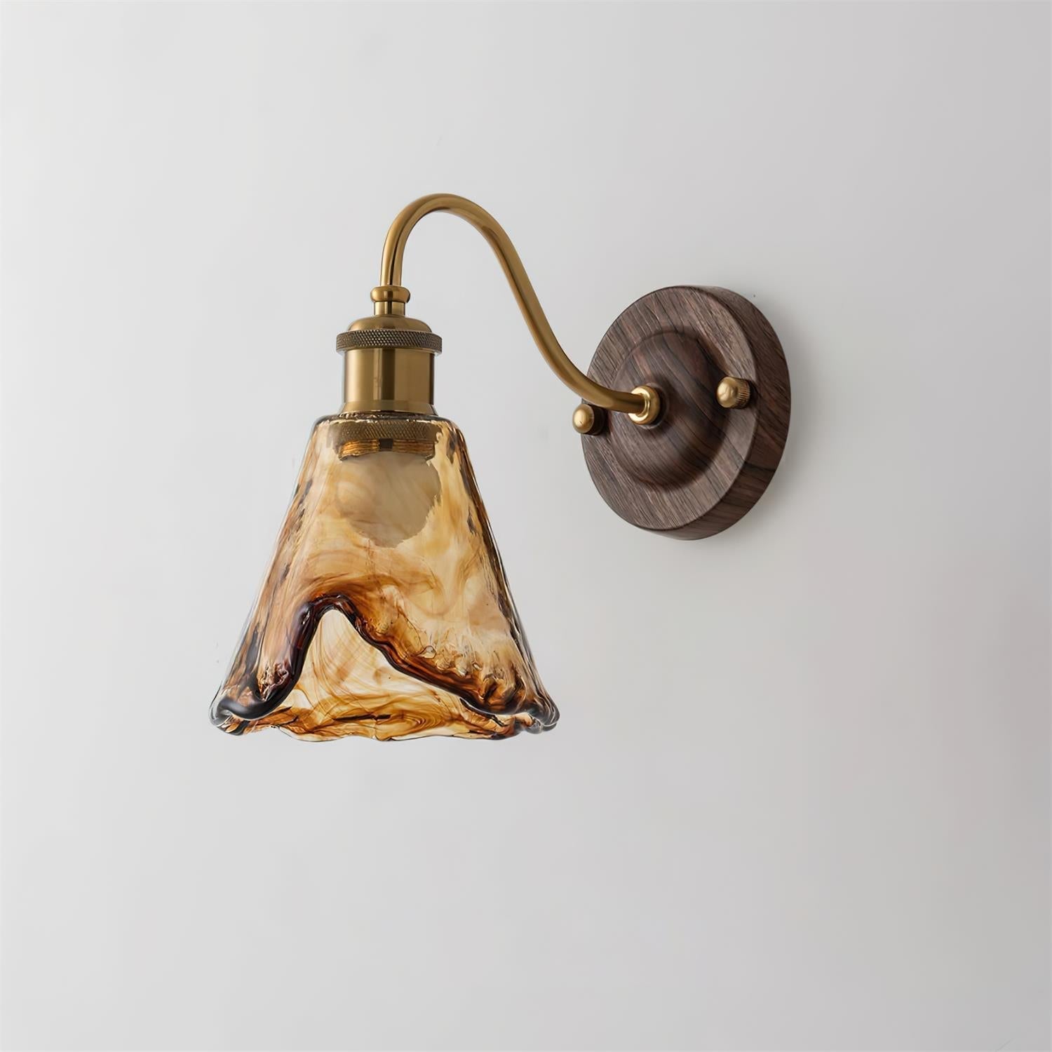 Wall Lamp Amber Glass Shade Walnut Gold Vintage Modern Sconce 4