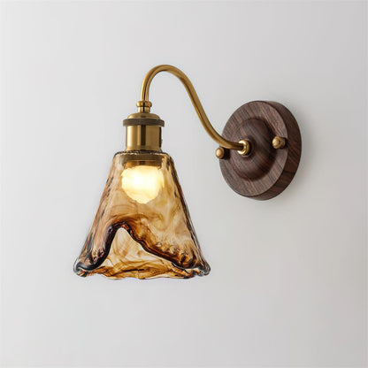 Wall Lamp Amber Glass Shade Walnut Gold Vintage Modern Sconce 5
