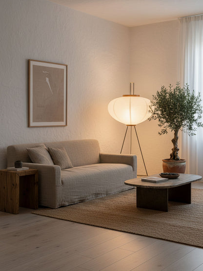 Elara Haus Wabi Sabi Tripod Floor Lamp - Rice Paper Shade & Metal Legs