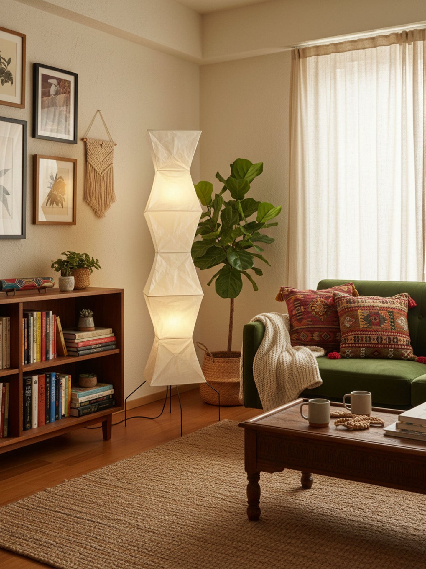 Elara Haus Wabi Sabi Tripod Floor Lamp - Rice Paper Shade & Metal Legs