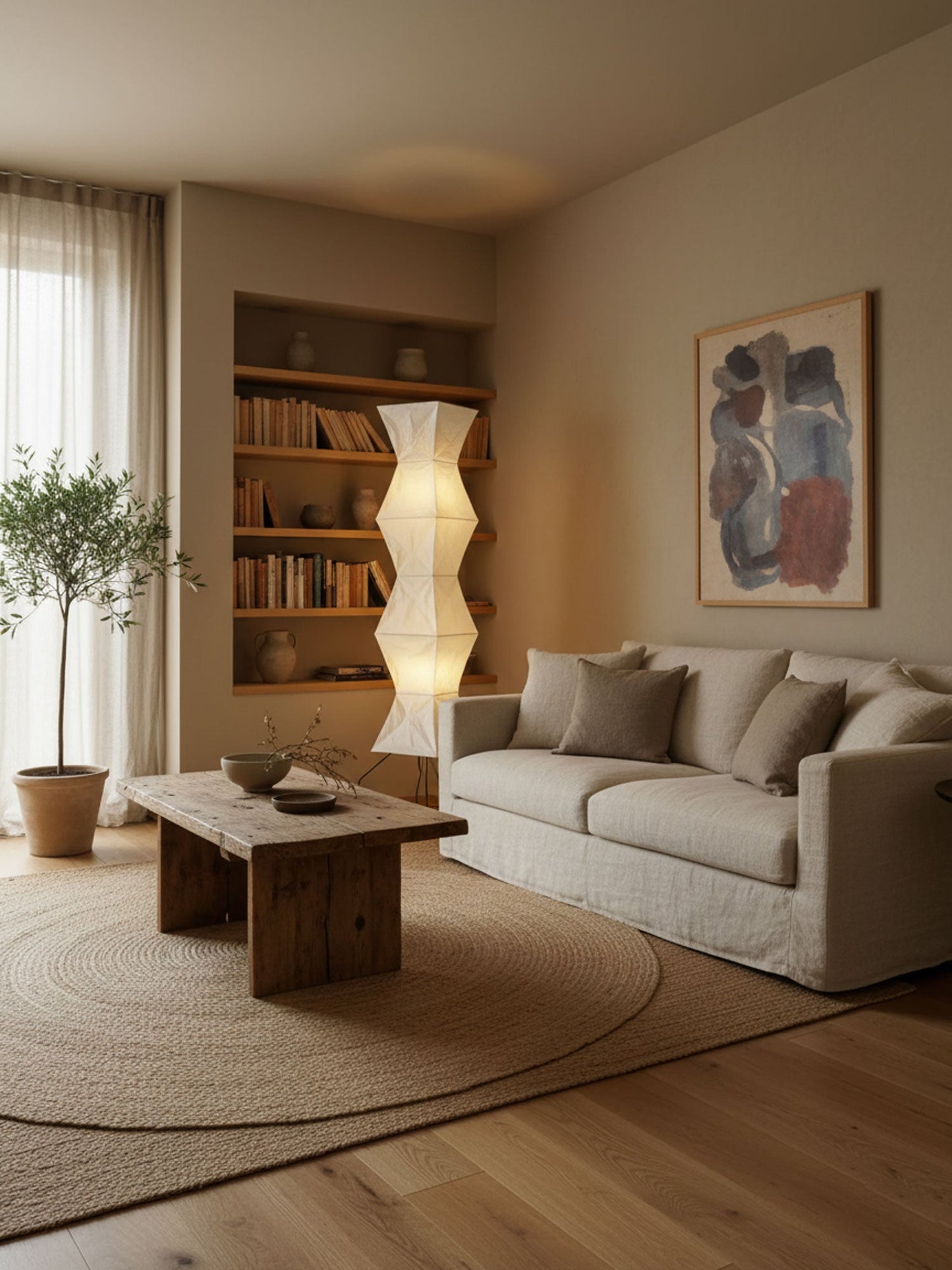 Elara Haus Wabi Sabi Tripod Floor Lamp - Rice Paper Shade & Metal Legs
