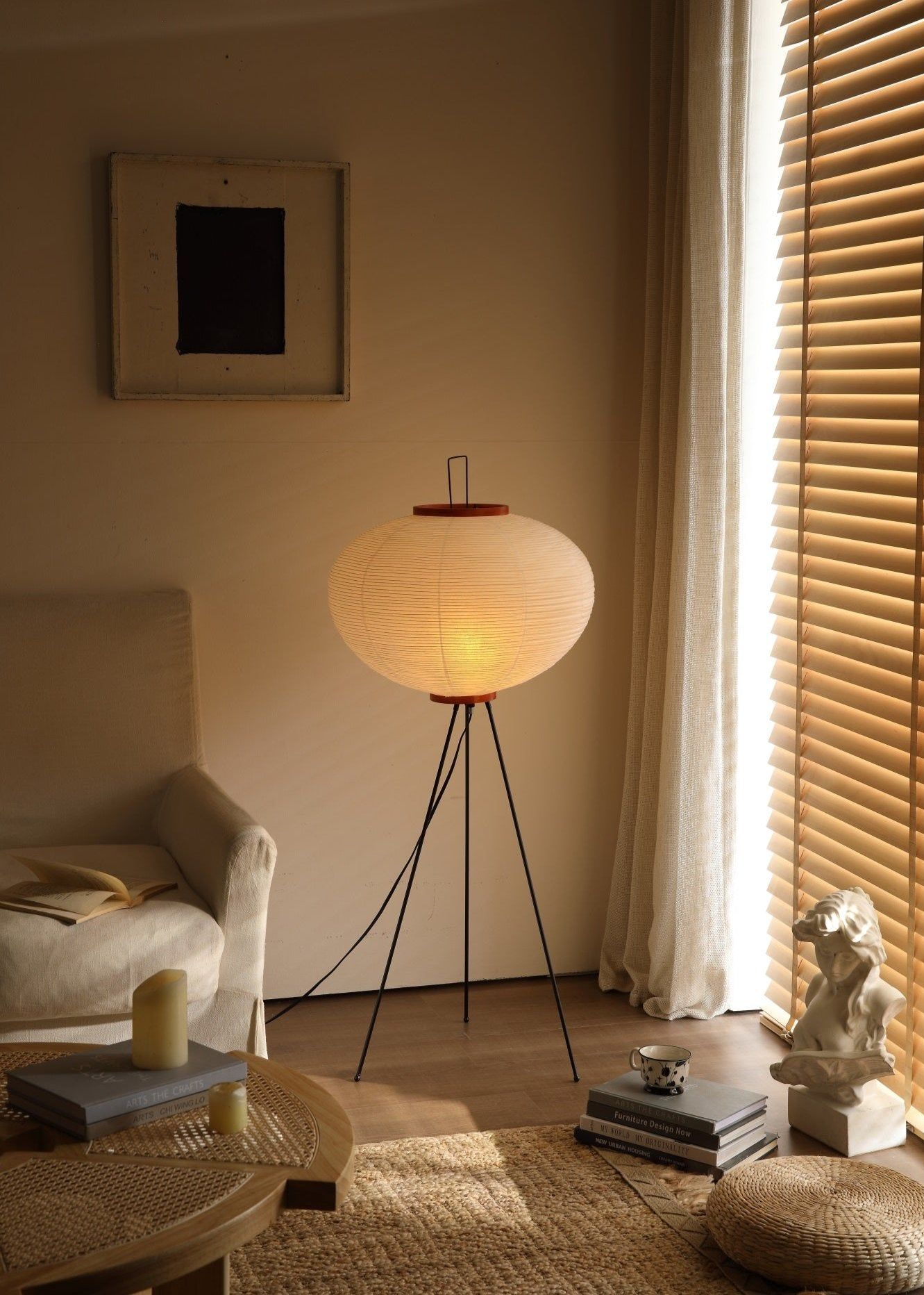 Elara Haus Wabi Sabi Tripod Floor Lamp - Rice Paper Shade & Metal Legs