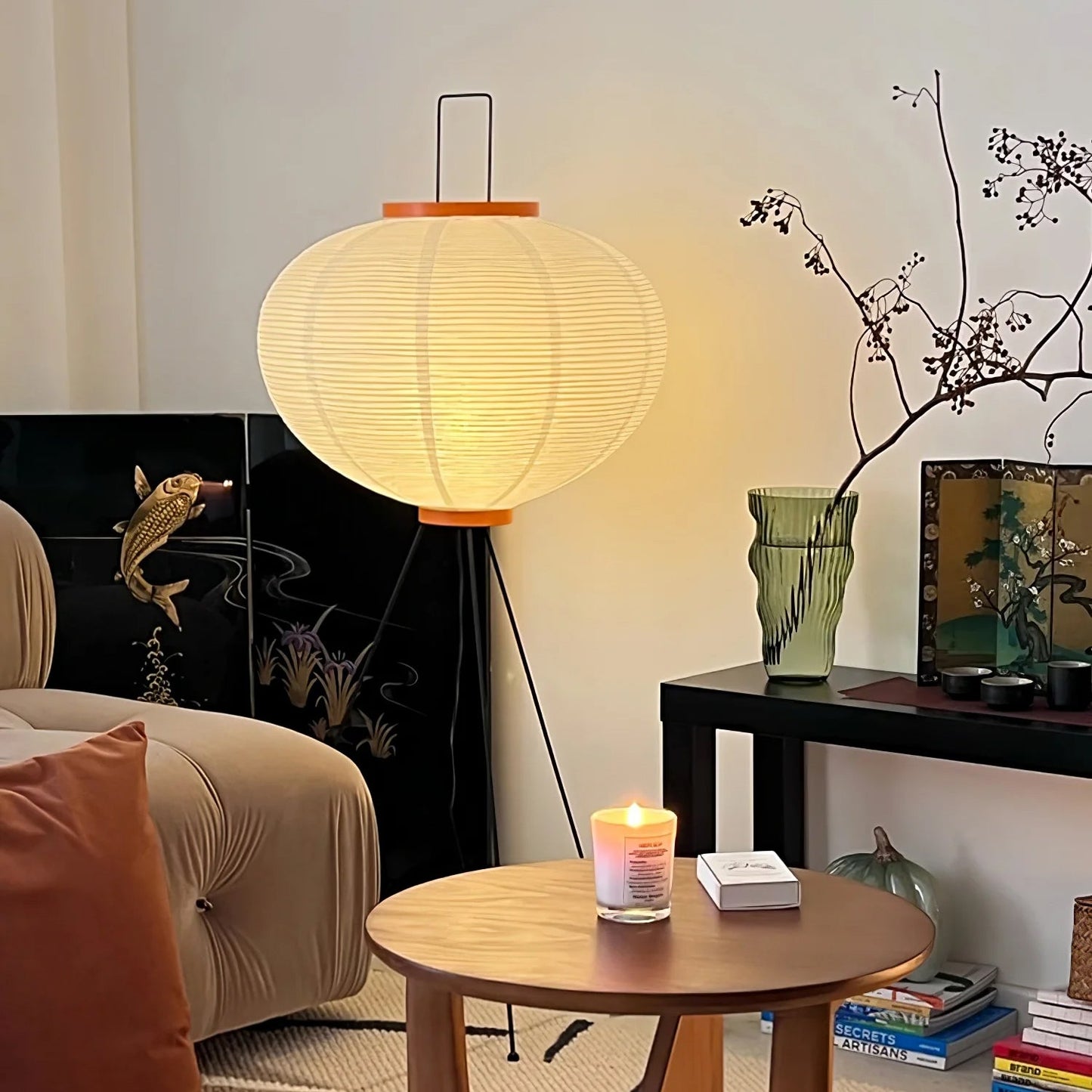 Elara Haus Wabi Sabi Tripod Floor Lamp - Rice Paper Shade & Metal Legs