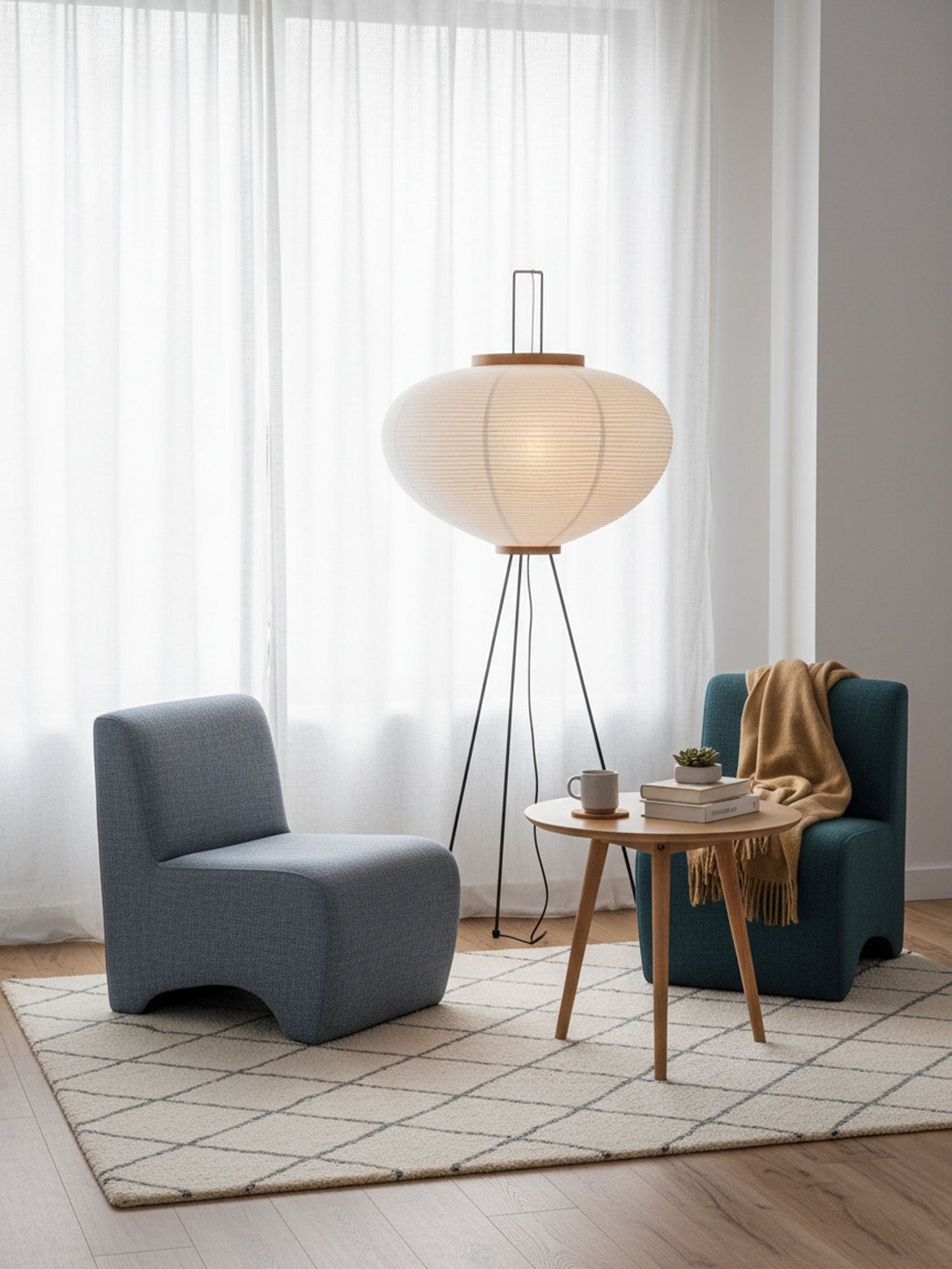 Elara Haus Wabi Sabi Tripod Floor Lamp - Rice Paper Shade & Metal Legs