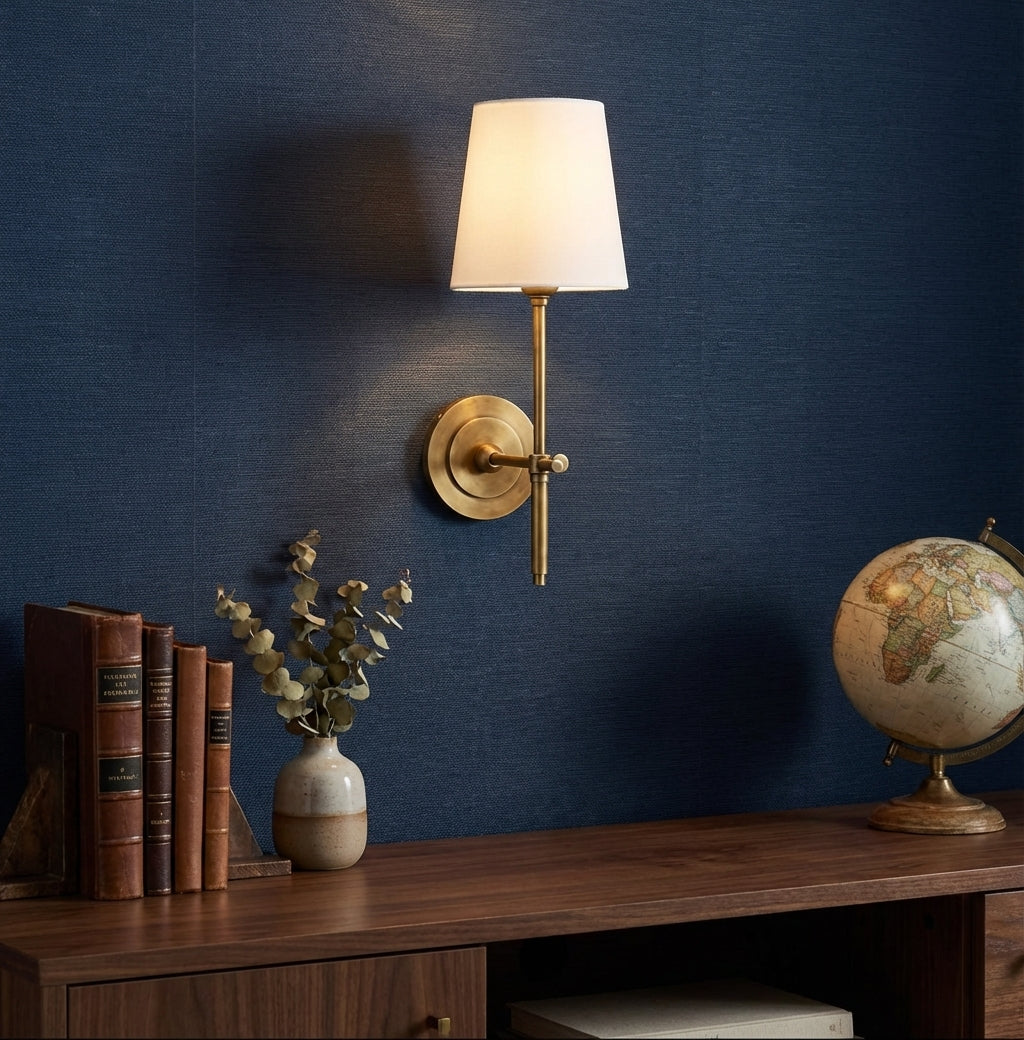 Elara Haus Wall Sconce - Brass Fabric Tapered Shade Wall Lighting