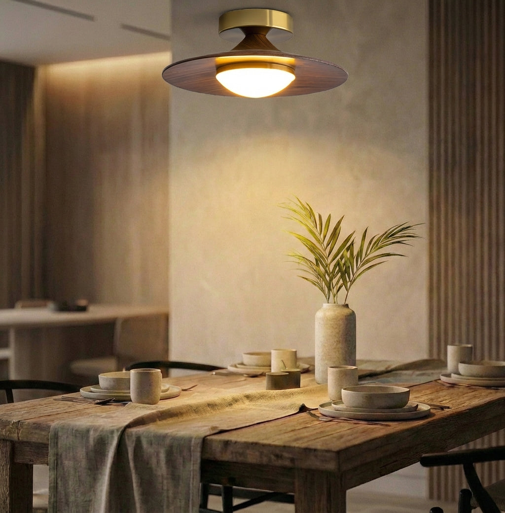 Elara Haus Walnut & Gold Ceiling Light - Modern Mini Flush Mount