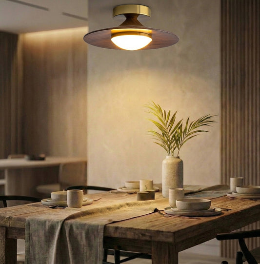 Elara Haus Walnut & Gold Ceiling Light - Modern Mini Flush Mount