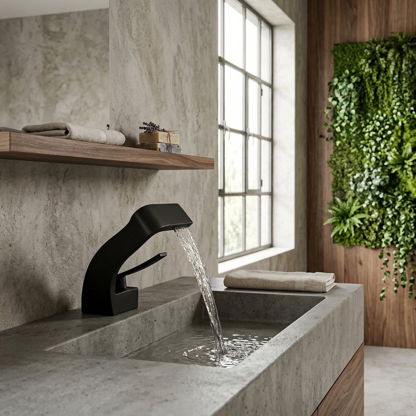 Elara Haus Waterfall Ribbon – Matte Onyx Sculptural Bathroom Faucet