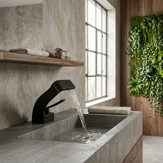 Elara Haus Waterfall Ribbon – Matte Onyx Sculptural Bathroom Faucet