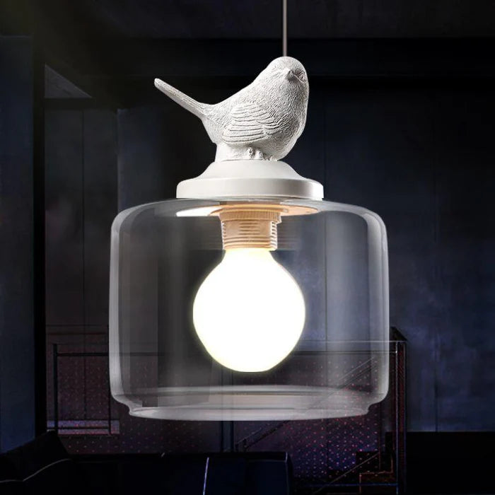 Hanging Lamp with Glass Shade and Decorative Bird 0
