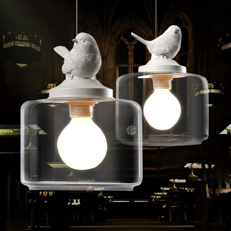 Hanging Lamp with Glass Shade and Decorative Bird 2