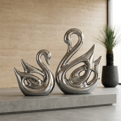 Elara Haus High-Quality Silver Swan Couple Sculpture - Symbolic Home Decor